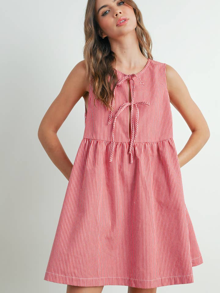 Bow Front Mini Dress - Red/Ivory