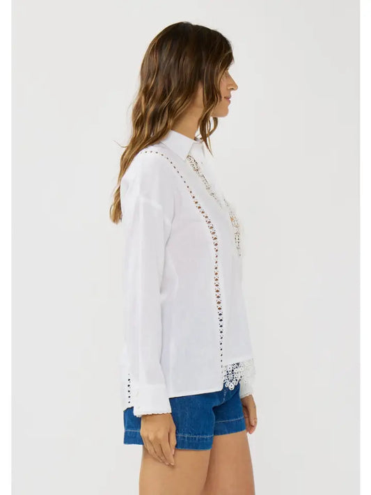 Lace Trim Linen Shirt - White