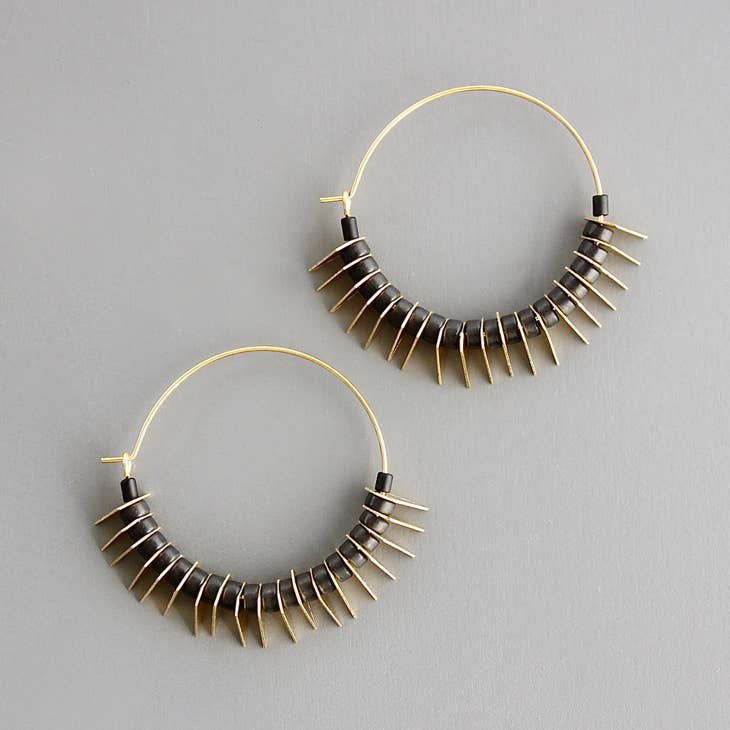 Black Magnesite and Brass Hoop Earrings