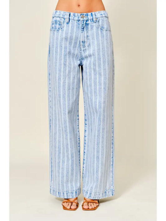 Striped Straight Pants - Light Denim