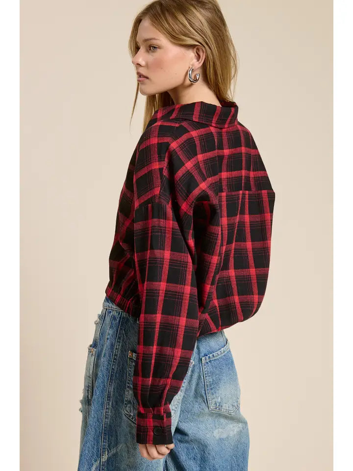 Plaid Cropped Button Down - Red