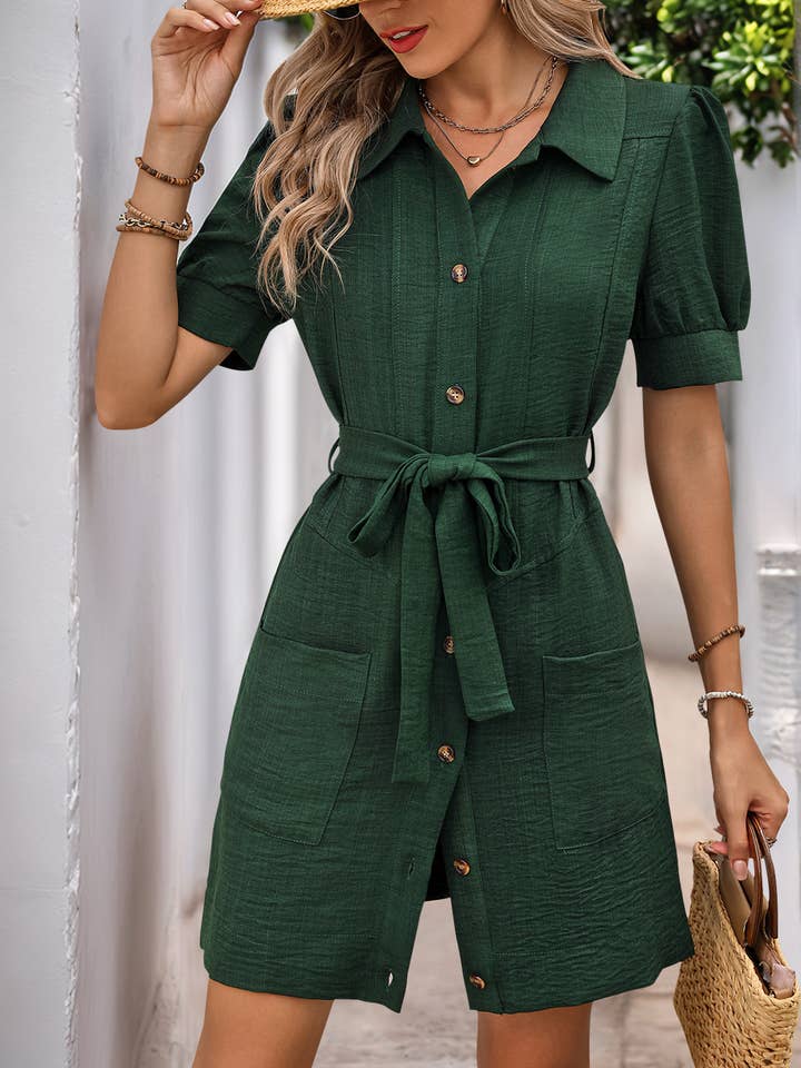 Tie-Waist Shirt Dress - Forest Green