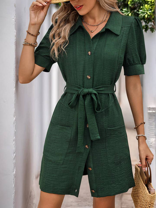 Tie-Waist Shirt Dress - Forest Green