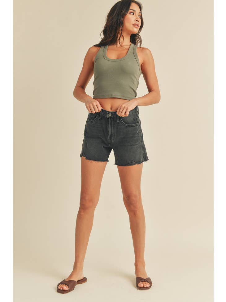 Clean High Rise Slit Short - Washed Black Denim