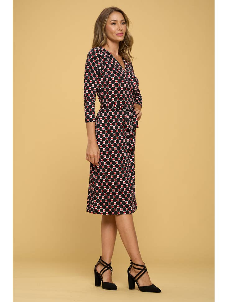 Floral Print V Neck Wrap Dress - Black Red - Final Sale
