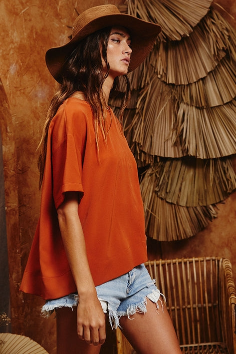 Keyhole Detail Pleated Top - Rust - Final Sale