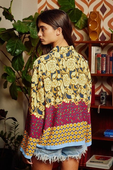 Multi-Print Bell Sleeved Collared Blouse