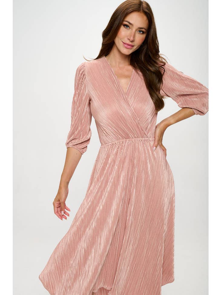 Plissé V-Neck Dress - Rose
