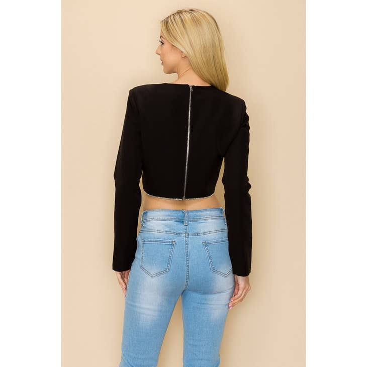 Rhinestone Hem Crop Top - Black