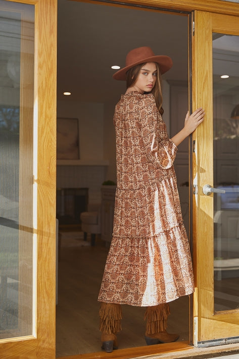 Geometric Printed Long Sleeve Dress - Rust Multi