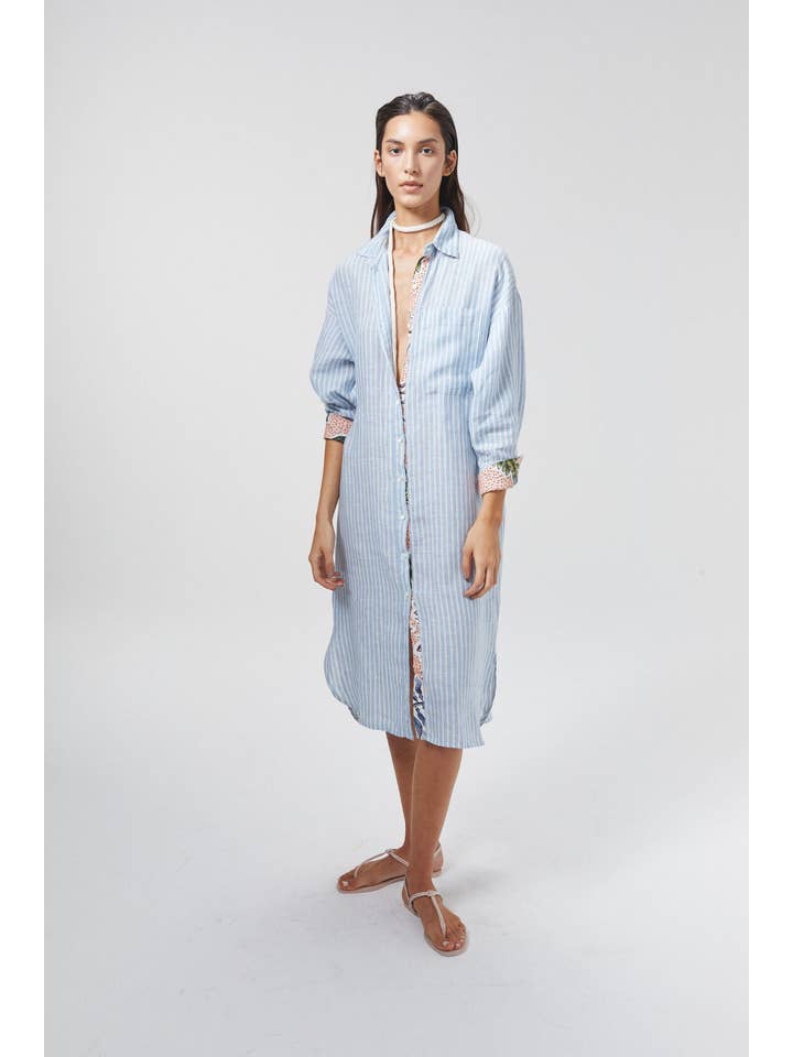 Island Linen Midi Dress - Light Blue and White Stripes