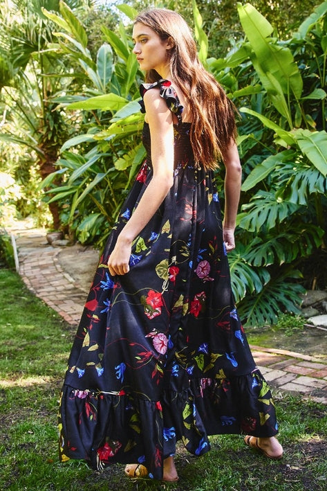 Smocked Ruffle Sleeve Floral Maxi Dress - Black Multi