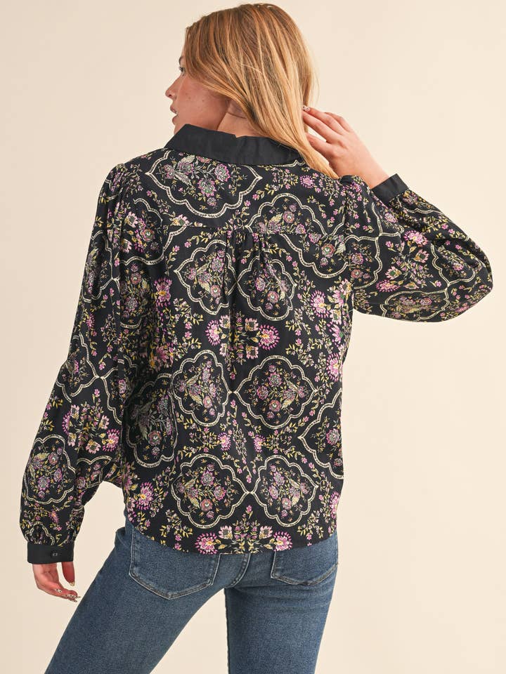 Floral Border Print Button Down - Black Multi