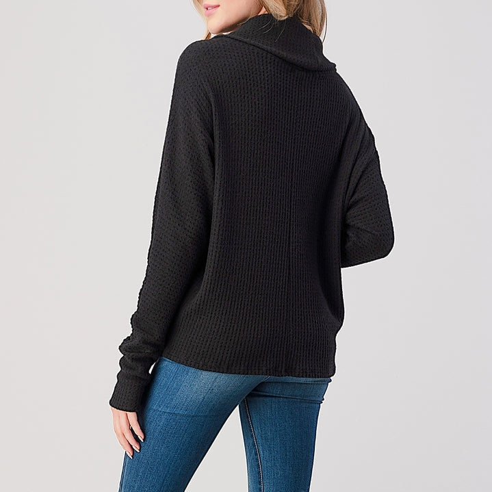 Brushed Knit Cowl Neck Tunic Top - Black