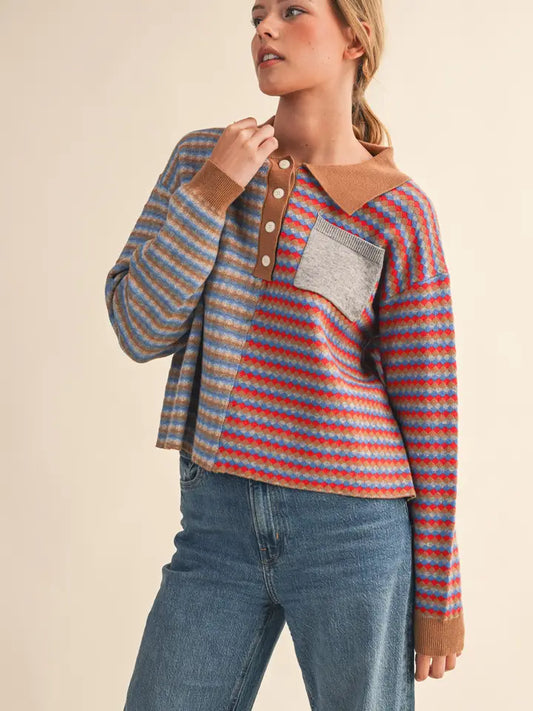Stripe Collared Sweater - Camel Red Multi