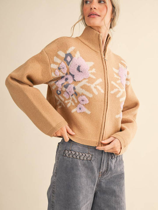 Floral Zip Cardigan - Taupe Flower
