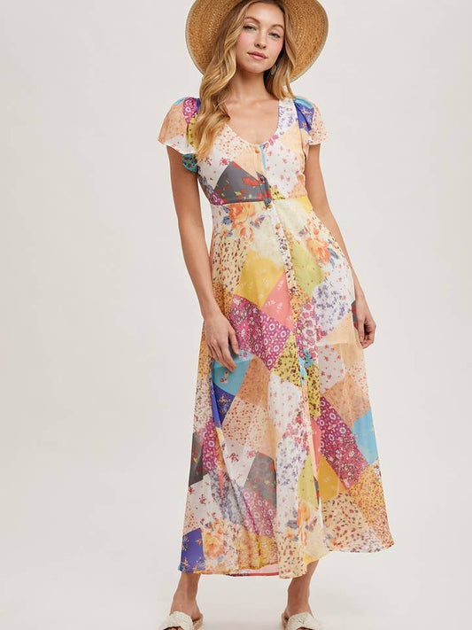 Quilt Printed Maxi Dress - Vanilla/Gold