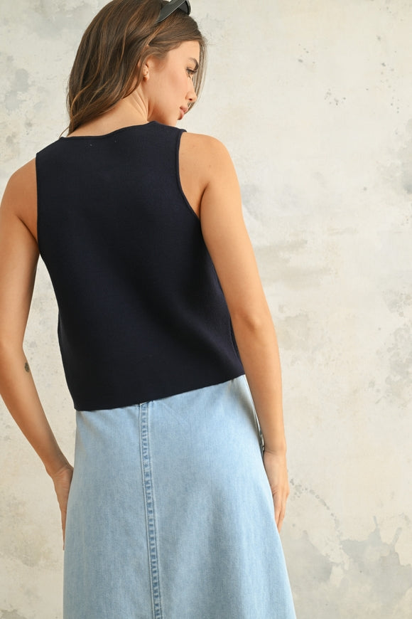 Metal Button Detail Knit Vest - Black