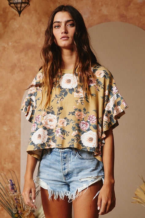 Ruffled Floral Print Cropped Top - Mustard Multi