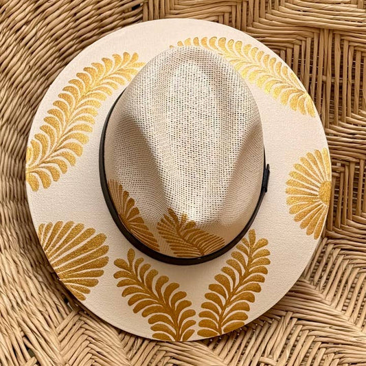 Patricia Hand Painted Hat - Tan & Gold Flower