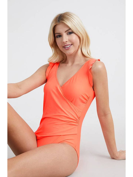 Ruffle Wrap Tie Swimsuit - Coral