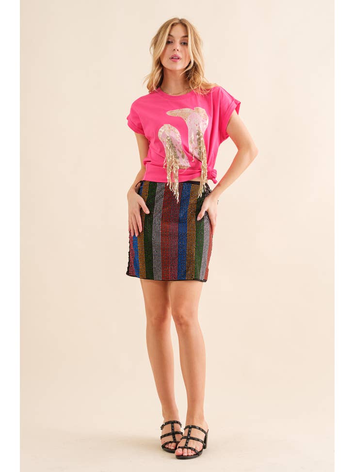 Foil Graphic Fringe T Shirt - Hot Pink