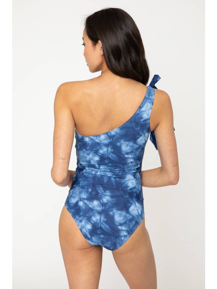 One-Off Shoulder Tie Swimsuit - Tie Dye Blue