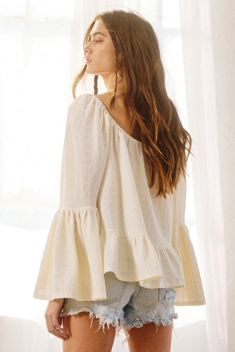 Bell Sleeve Ruffled Hem Blouse - Cream