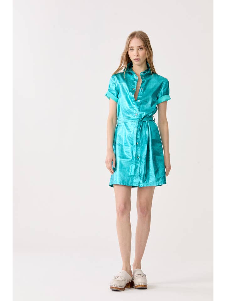 Franca Metallic Linen Dress - Turquoise