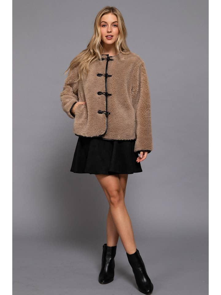 Crew Neck Teddy Jacket - Taupe