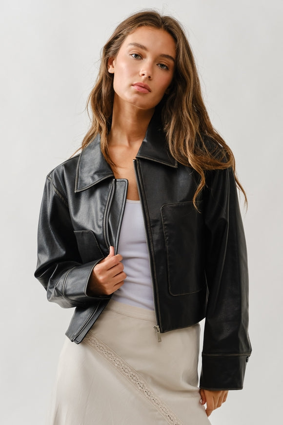 Vintage Washed Leather Jacket - Black