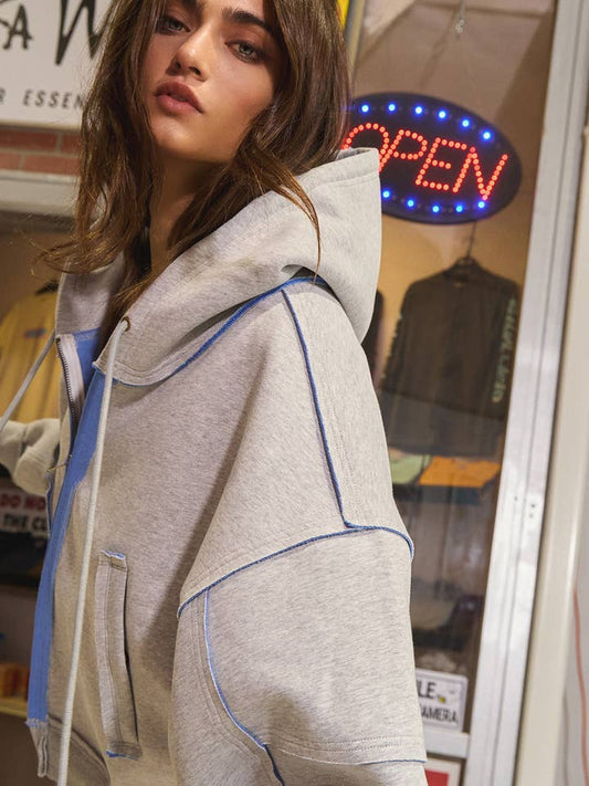 Contrast Seaming Hooded Zip-Up - Ash Grey/Blue
