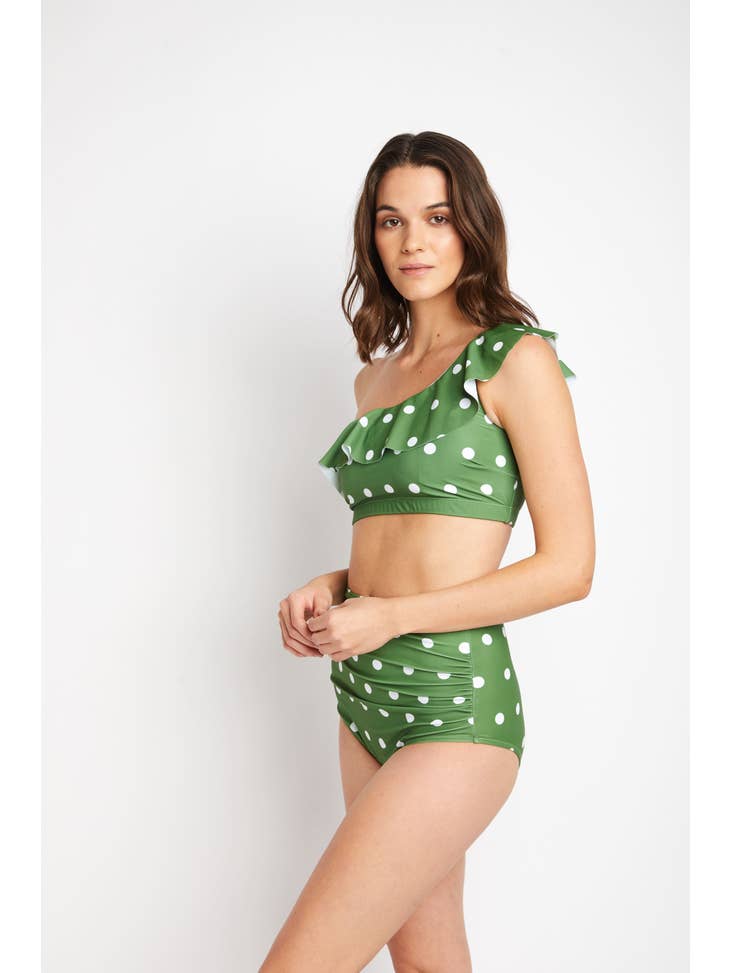 One-Shoulder High Waisted Swimsuit - Olive White Dot