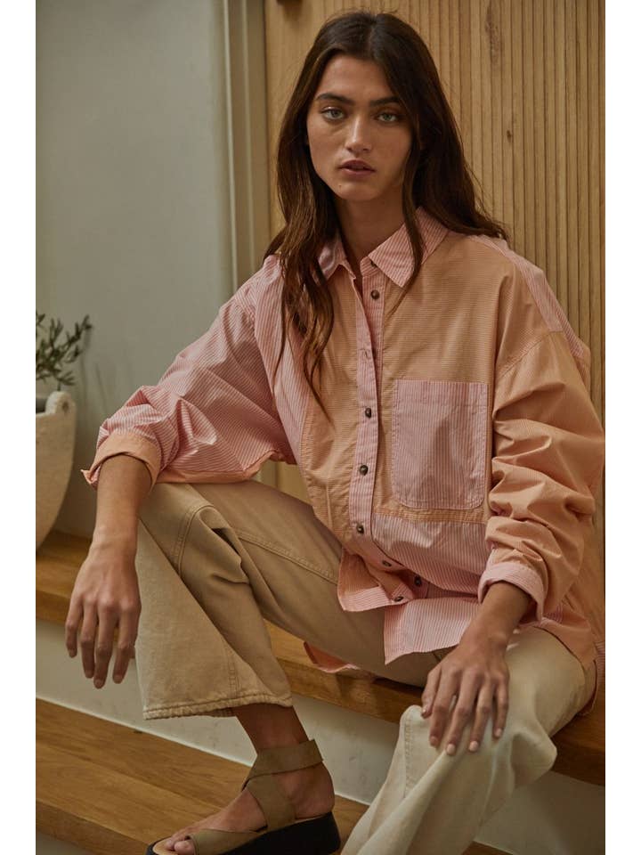 Charlie Contrast Button Down - Peach Coral Multi