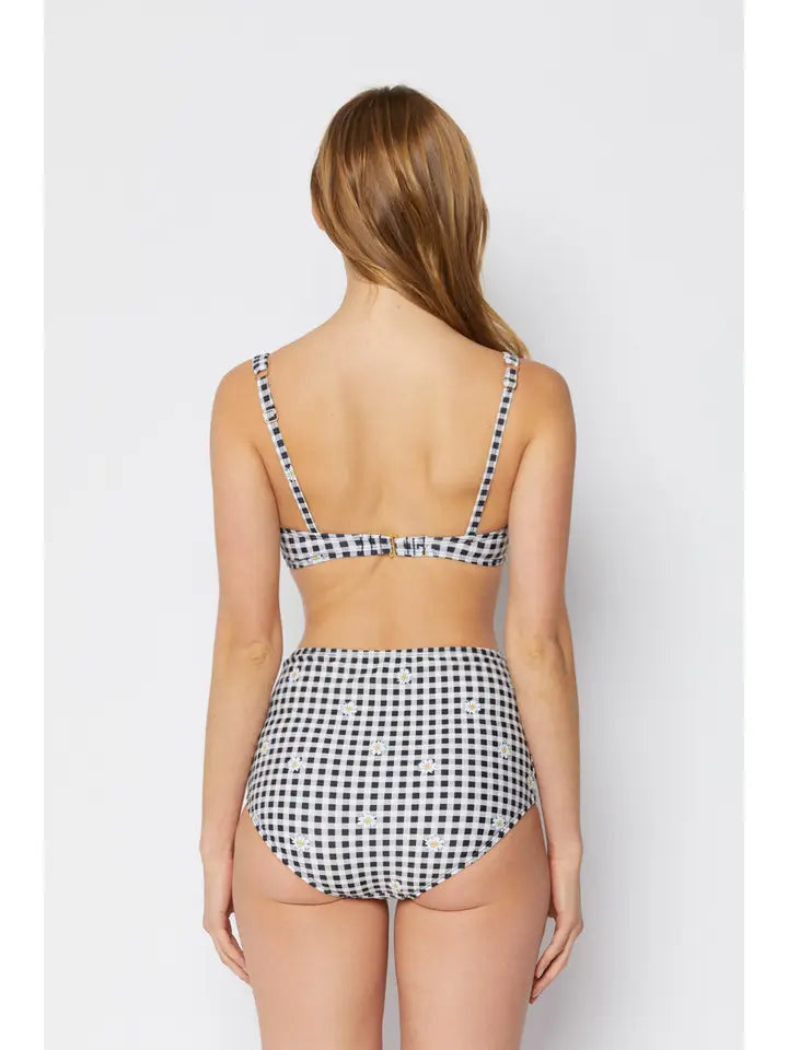 High Waisted Crossed Swimsuit - Gingham Daisy Black