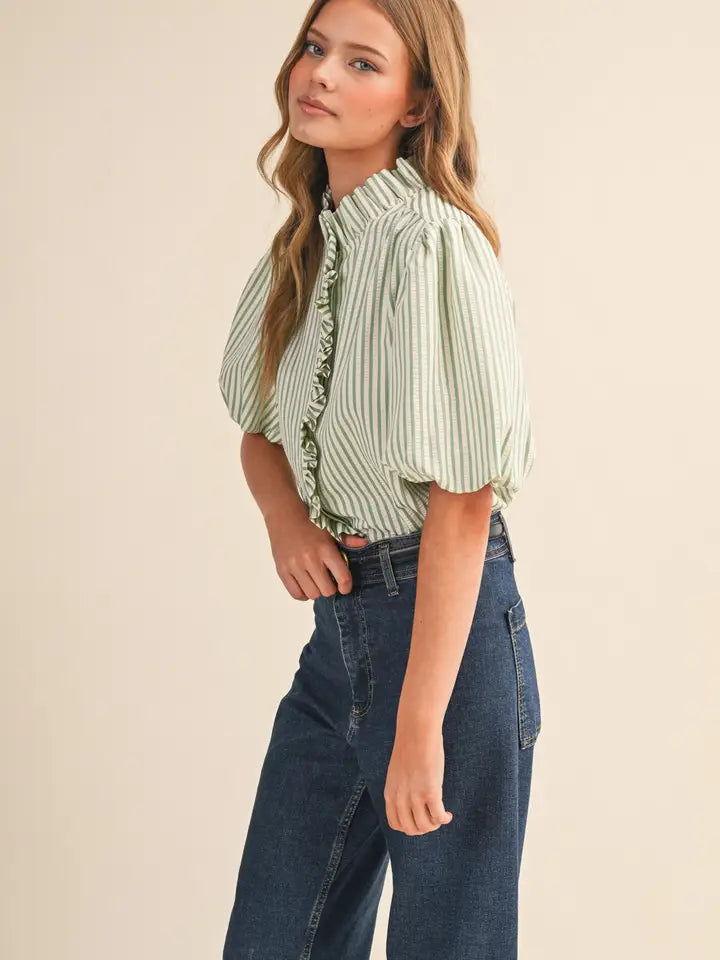 Striped Ruffle Button Down - Seafoam Green