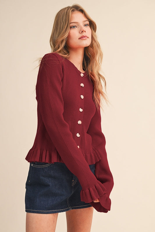 Ruffle Hem Ribbed Cardigan - Burgundy