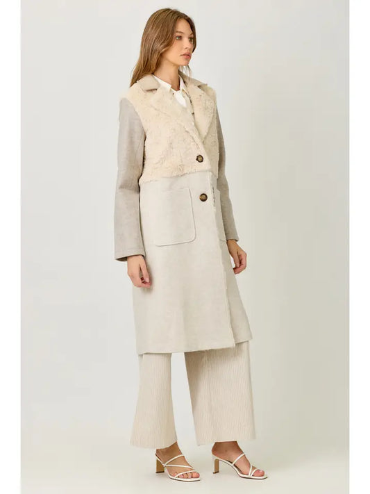 Color Blocked Long Coat - Oatmeal Mix