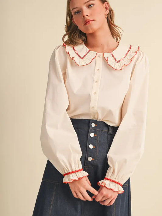Embroidered Ruffled Doll Collar Button Up Top - Cloud Cream