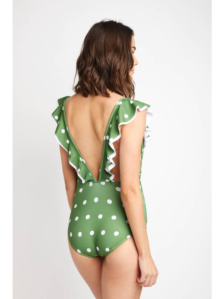 Double Ruffled Swimsuit - Olive Green White Dot
