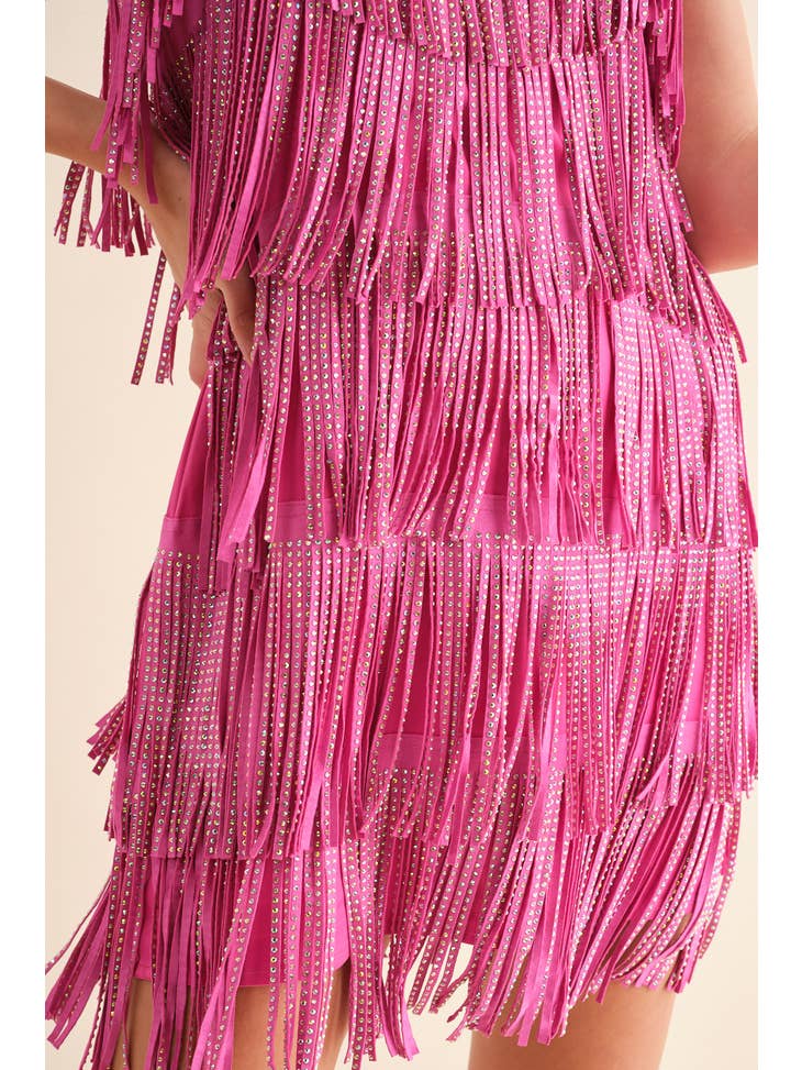 Western Fringe Mini Dress - Hot Pink