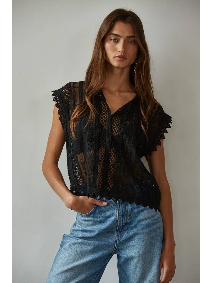 Woven Cotton Lace Top - Black