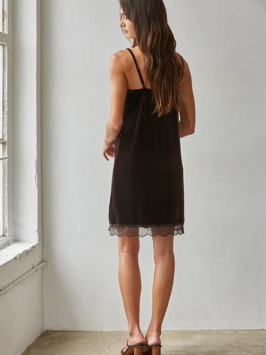V Neck Lace Trim Detail Mini Dress - Brown
