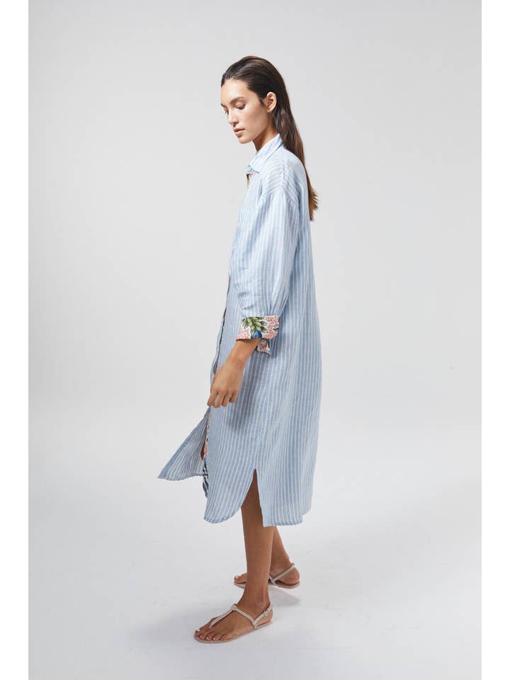 Island Linen Midi Dress - Light Blue and White Stripes
