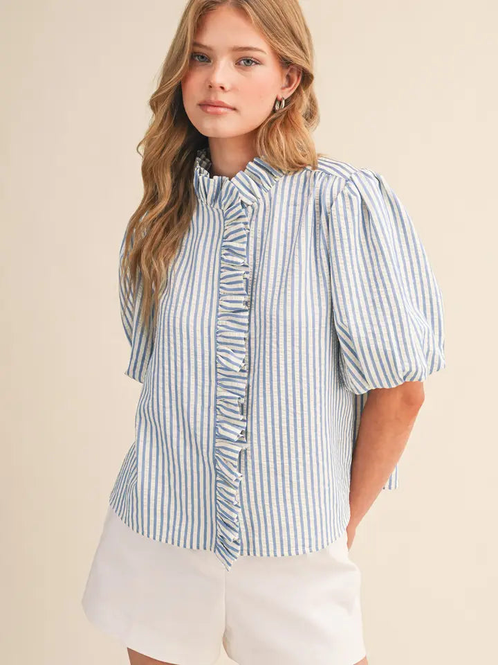 Striped Ruffle Button Down - Azule Blue