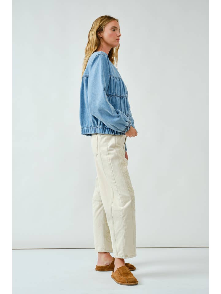 Ruched Bomber Jacket - Denim