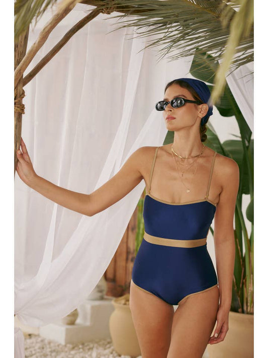Contrast Band Swimsuit - Shine Navy