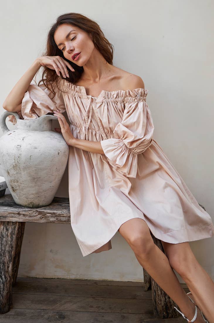 Vacay Puff Sleeve Mini Dress - Cream