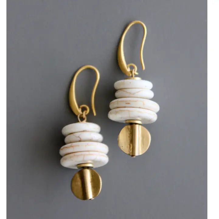 White Magnesite and Brass Earrings