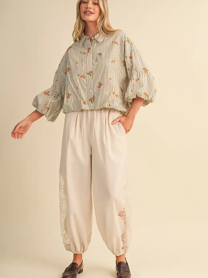 Embroidered Bubble Sleeve Button Down - Sand Stripe Floral